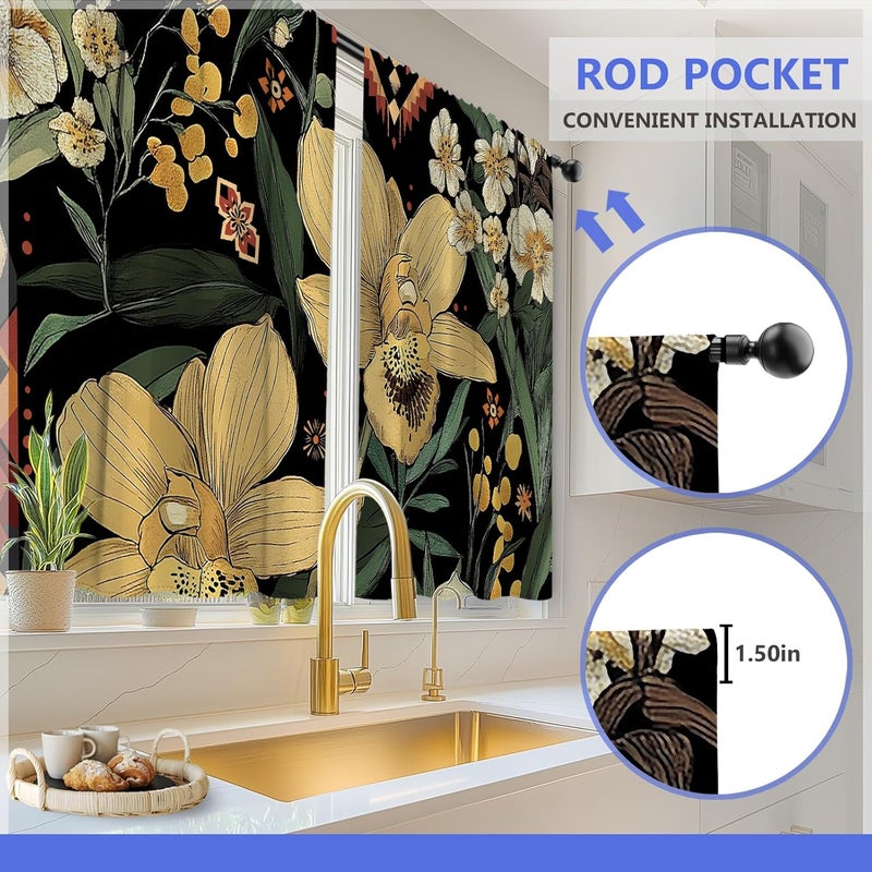 Aimego Boho Floral Kitchen Curtains - Rustic Small Short Cafe Tier Curtains for Living Room Rod Pocket Window Drapes 36 Inch Length 2 Panels Set 28"x36" - Image 4